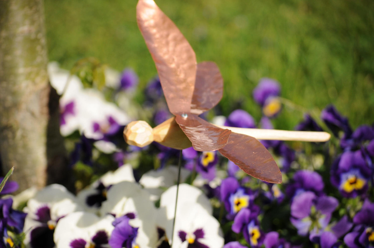 Hand-Carved Wooden Dragonfly – Copper Wings Wind Spinner – Garden Ornament – Nordic Folk Art Gift – Nature Mobile – Handmade