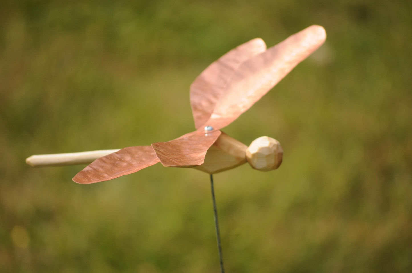 Hand-Carved Wooden Dragonfly – Copper Wings Wind Spinner – Garden Ornament – Nordic Folk Art Gift – Nature Mobile – Handmade