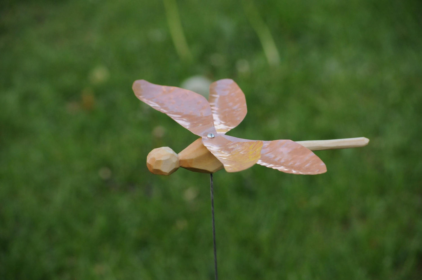 Hand-Carved Wooden Dragonfly – Copper Wings Wind Spinner – Garden Ornament – Nordic Folk Art Gift – Nature Mobile – Handmade