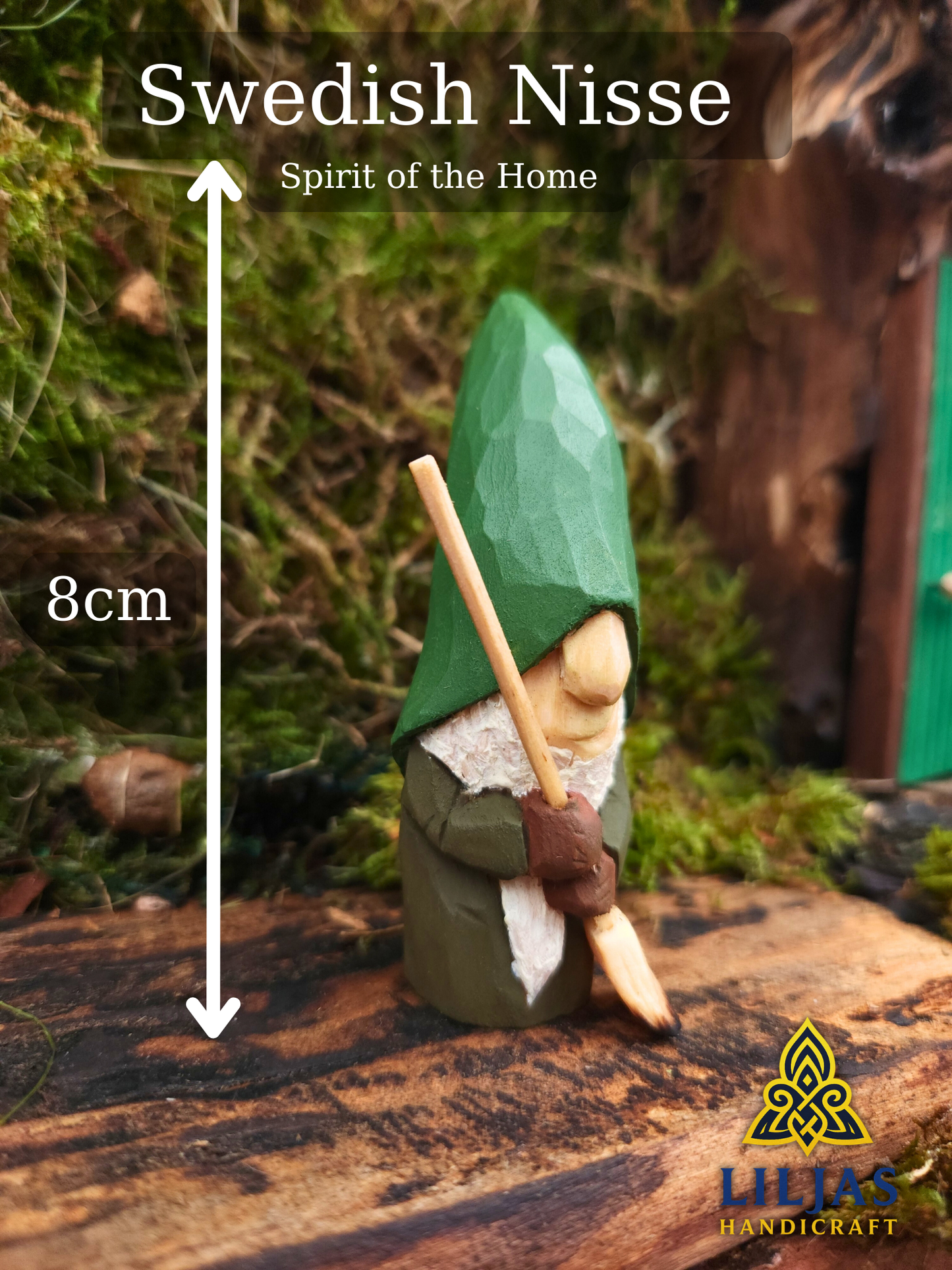 Hand-Carved Wooden Nisse 76 (Gnome) – Painted with Egg Oil Tempera, with Linden Broom