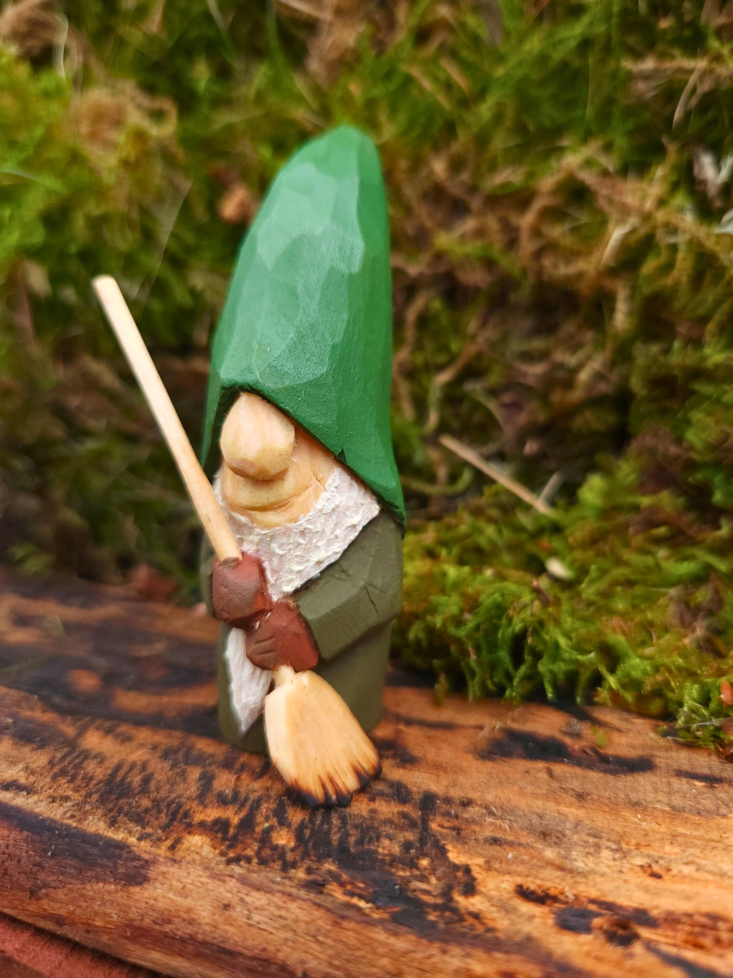 Hand-Carved Wooden Nisse 76 (Gnome) – Painted with Egg Oil Tempera, with Linden Broom