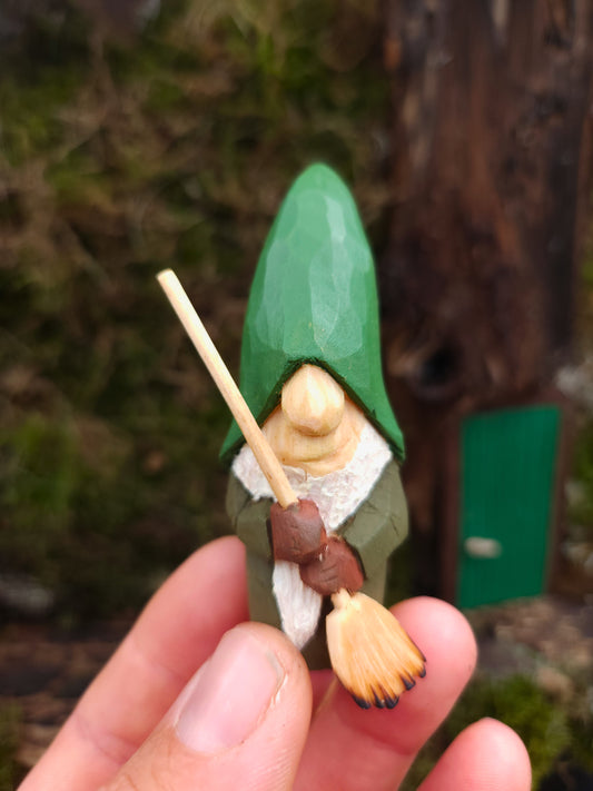 Hand-Carved Wooden Nisse 76 (Gnome) – Painted with Egg Oil Tempera, with Linden Broom