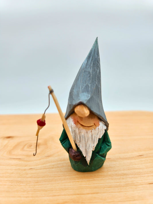 Swedish Nisse #66 – Hand-Carved Fishing Gnome with Rod | Numbered & Certified