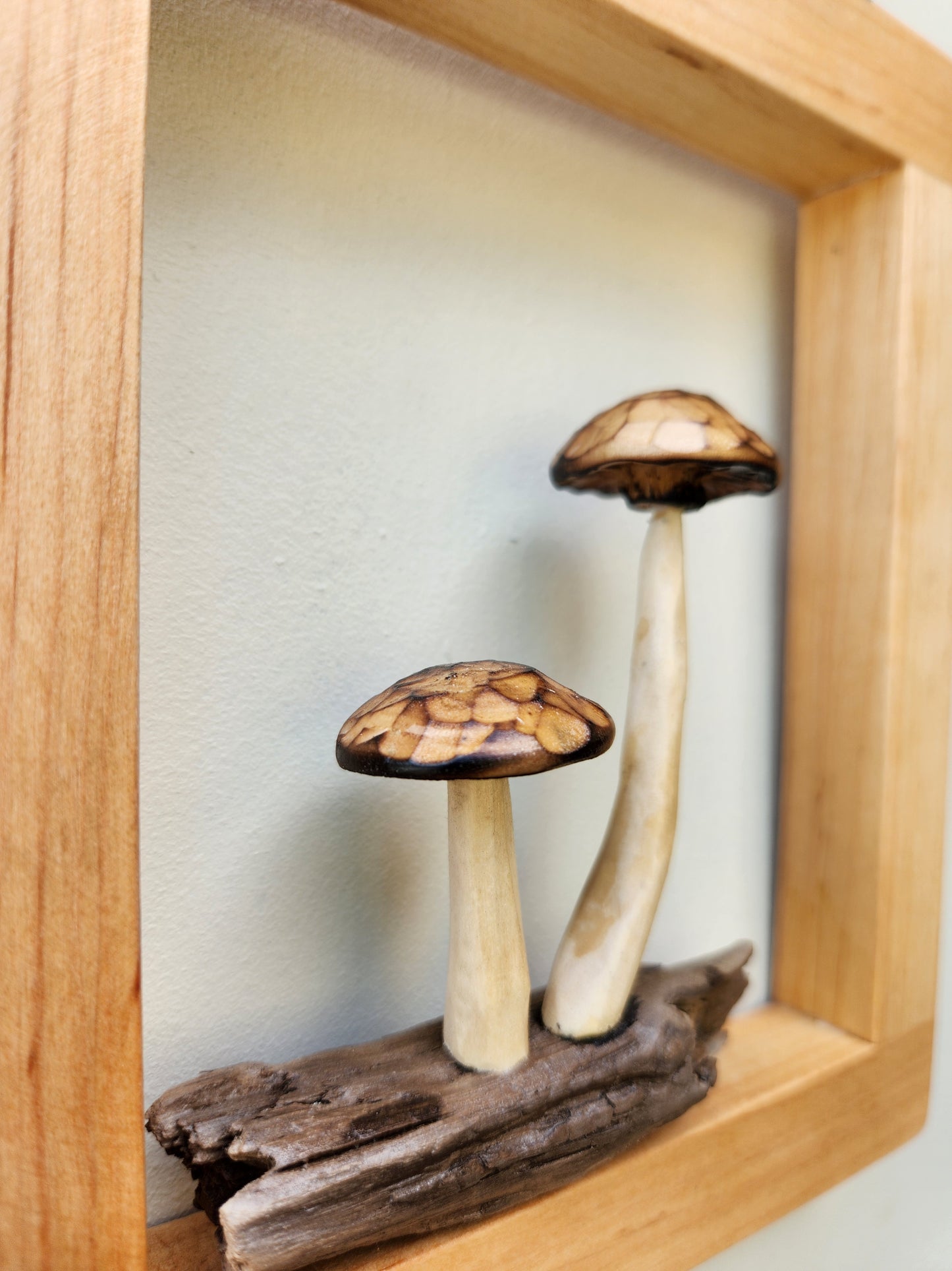 Handgjord svensk drivvedstavla med svampar – unik trärelief inspirerad av skogen, rustik väggkonst i naturmaterial, Scandinavian wood art och naturinspirerad inredning.
