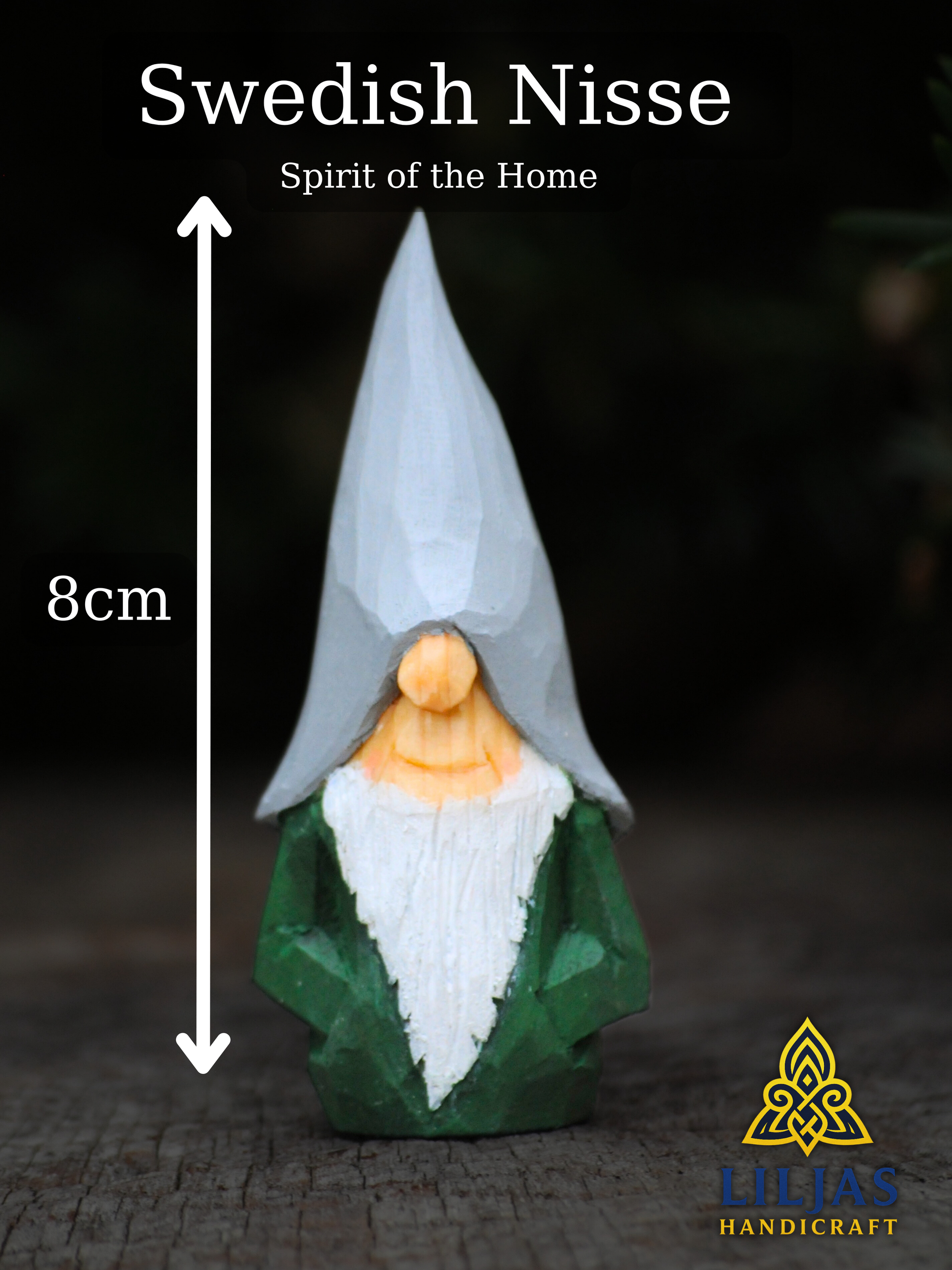 Gift idea – Farm Nisse (Gnome, Wichtel) with grey hat and green body, handmade Scandinavian wooden folk art wood carving, unique signed collectible and Nordic home decor.
