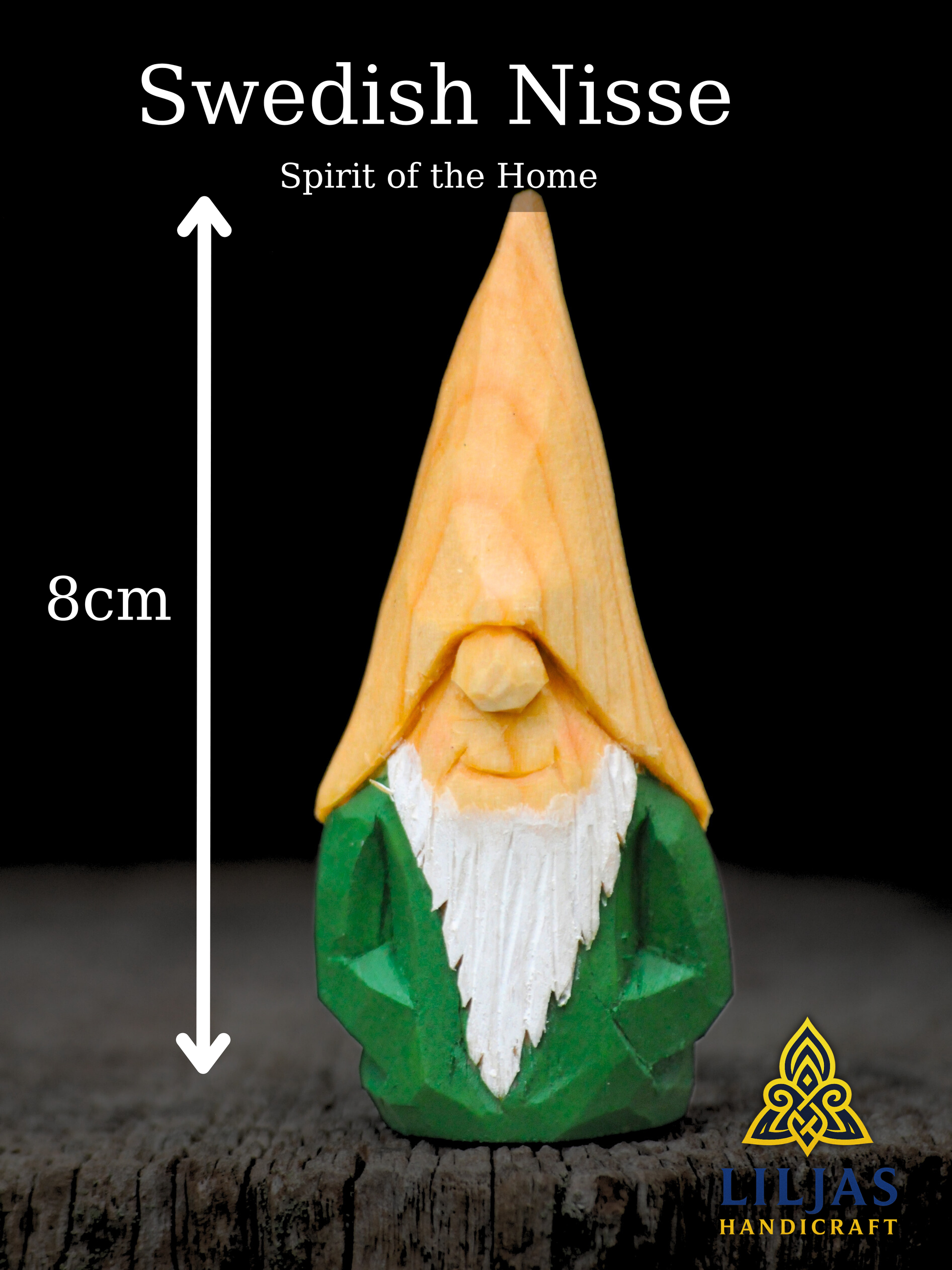 Gift idea – Farm Nisse (Gnome, Wichtel) with unpainted hat and green body, handmade Scandinavian wooden folk art wood carving, unique signed collectible and Nordic home decor.
