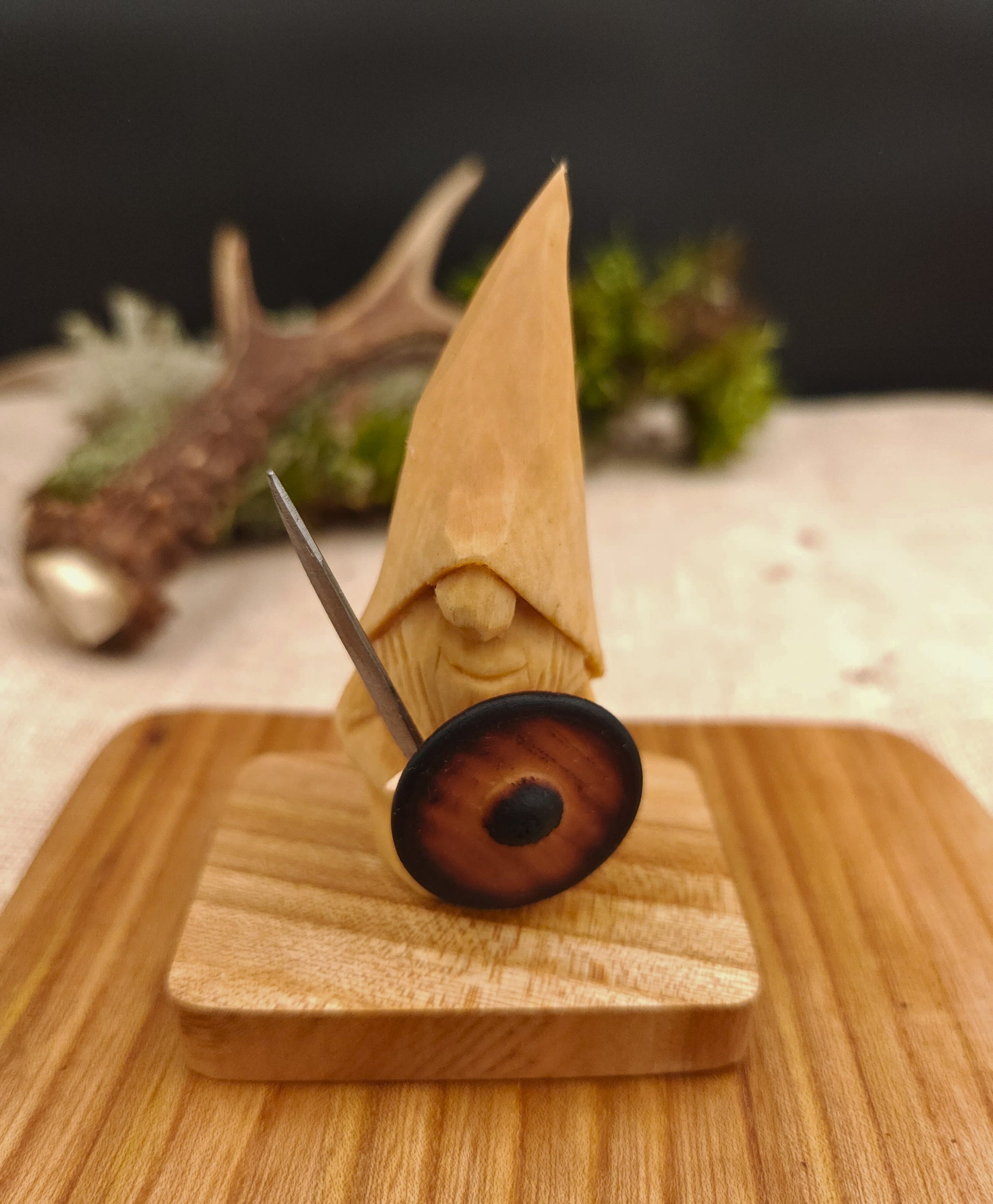 Gift for collectors – Unpainted Viking Nisse (Gnome, Wichtel) with iron sword and copper guard, handmade Scandinavian wooden folk art carving, unique signed figure.
